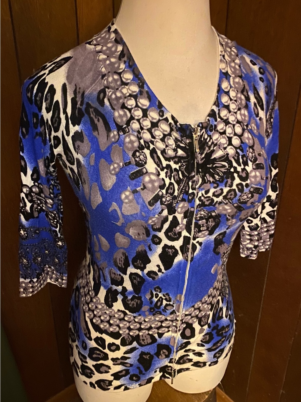 Cache Vibrant Blue Animal Print Zip-Front Top M